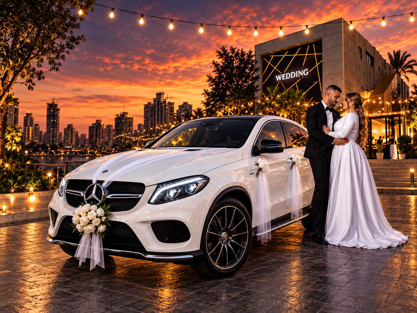 חתן וכלה ליד Mercedes GLE Coupe לבנה מקושטת מול שקיעה